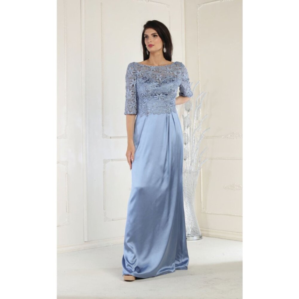 Dusty Blue Formal Long Bateau Neck  3/4 Sleeve Sheath Dress By May Queen MQ1969